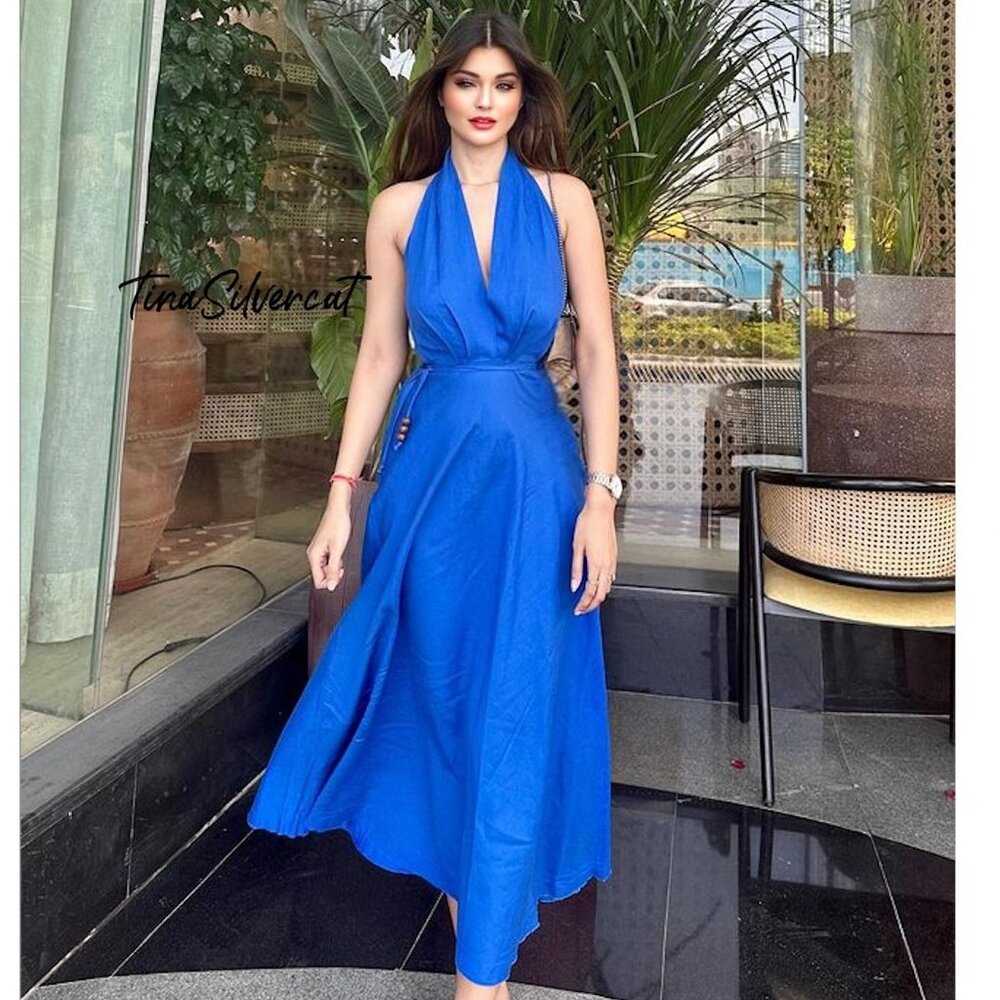 Zara Blue Linen Halter Midi Dress NWT